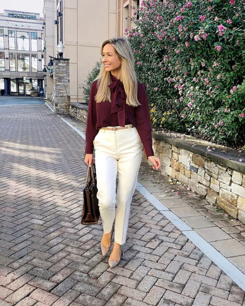 red blouse and white pants