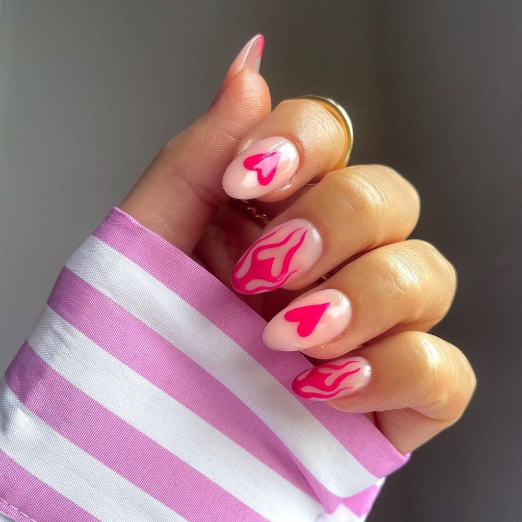 almond nails with pink heart