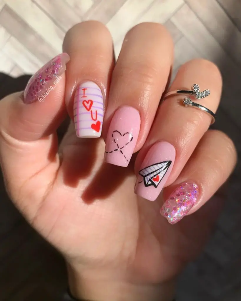 Pink coffin nails with hearts