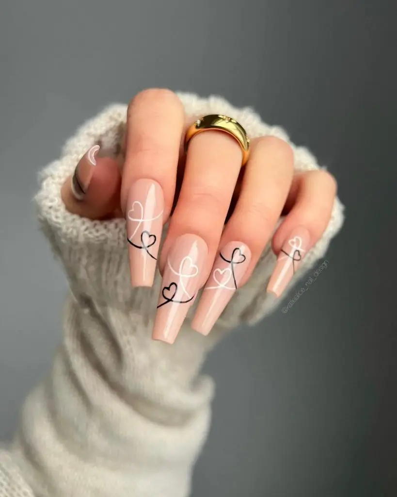 Nude brown nail designs with hearts | Cute nail designs for February 2023 