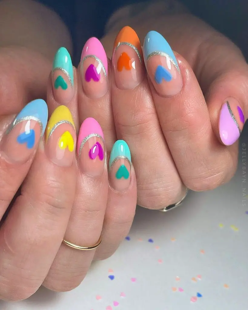 Rainbow nail designs in hearts