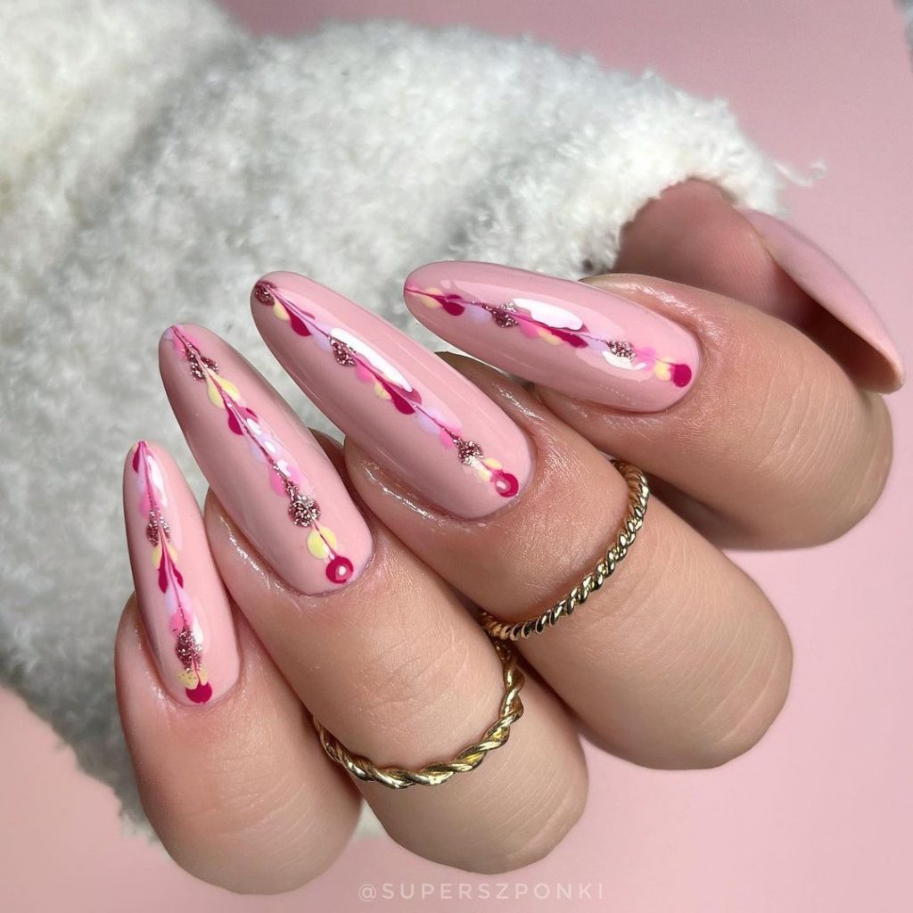 Cute manicures with pink heart | almond nail art