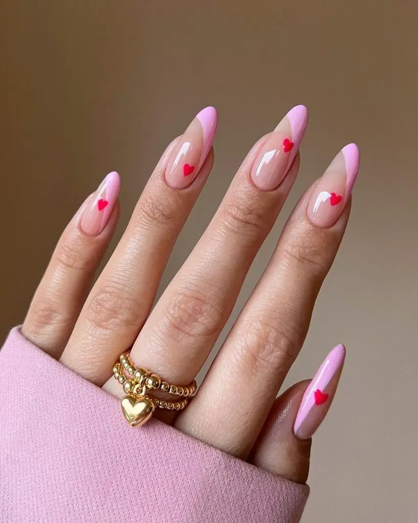 almond pink heart nails