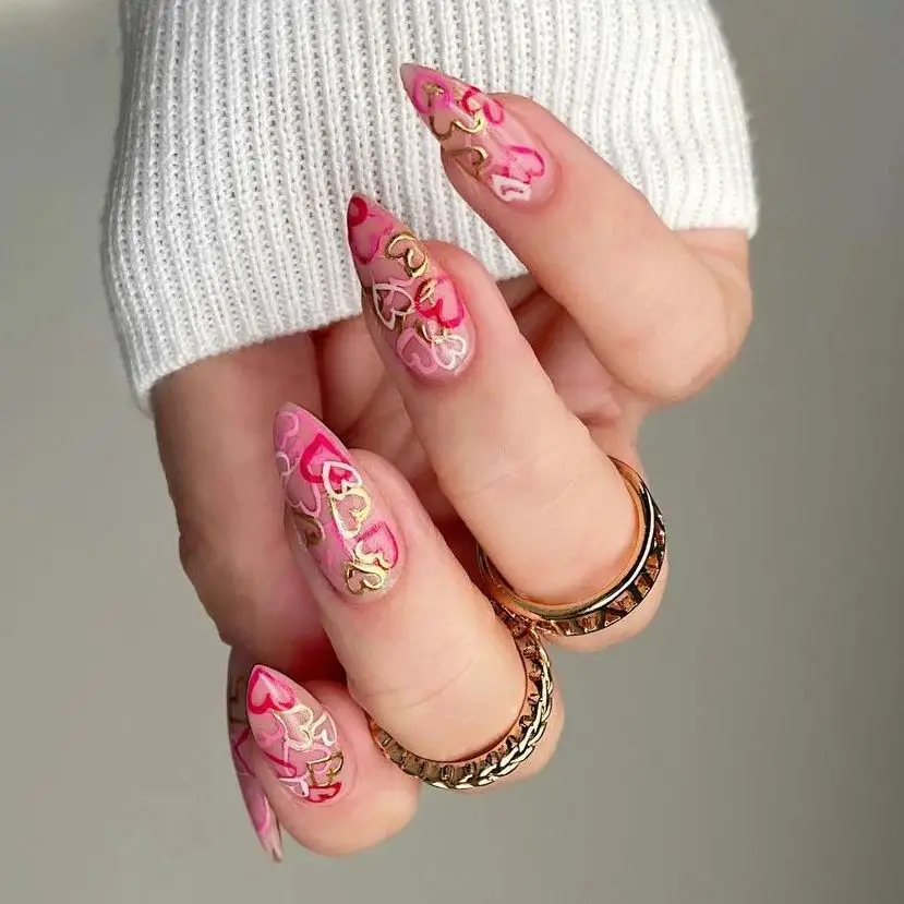 Cute Pink heart nails | long heart nail art