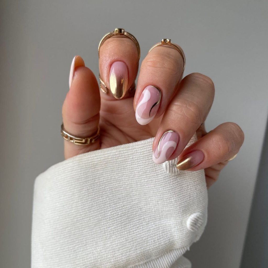 white and gold nails