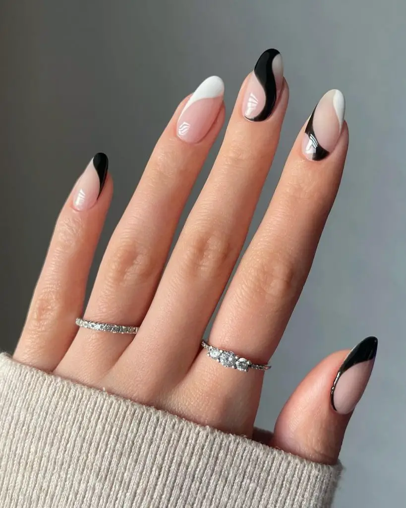 Classic monochrome nails: swirl black and white nails