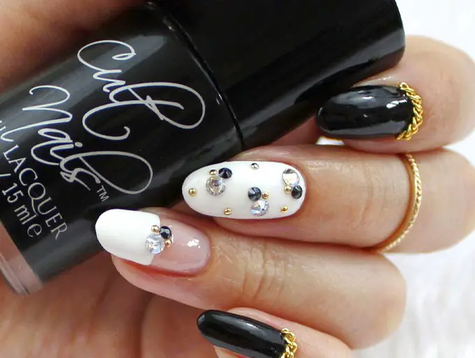 Black and white nail designs with rhine stones