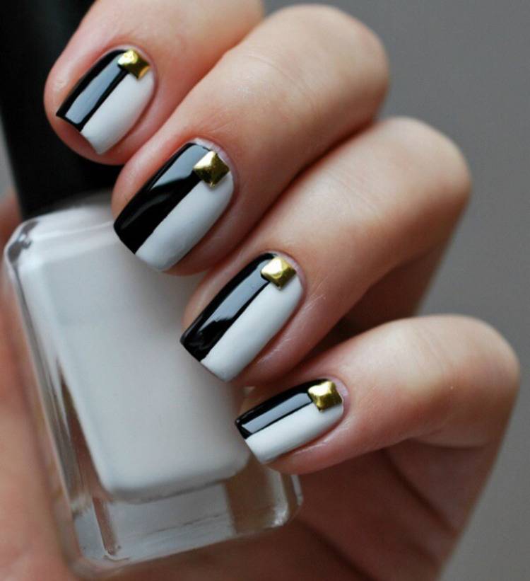 Black and white nail designs with goldy touch