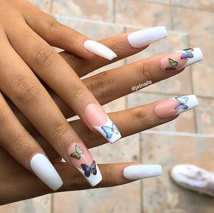 white nail designs with butterfly