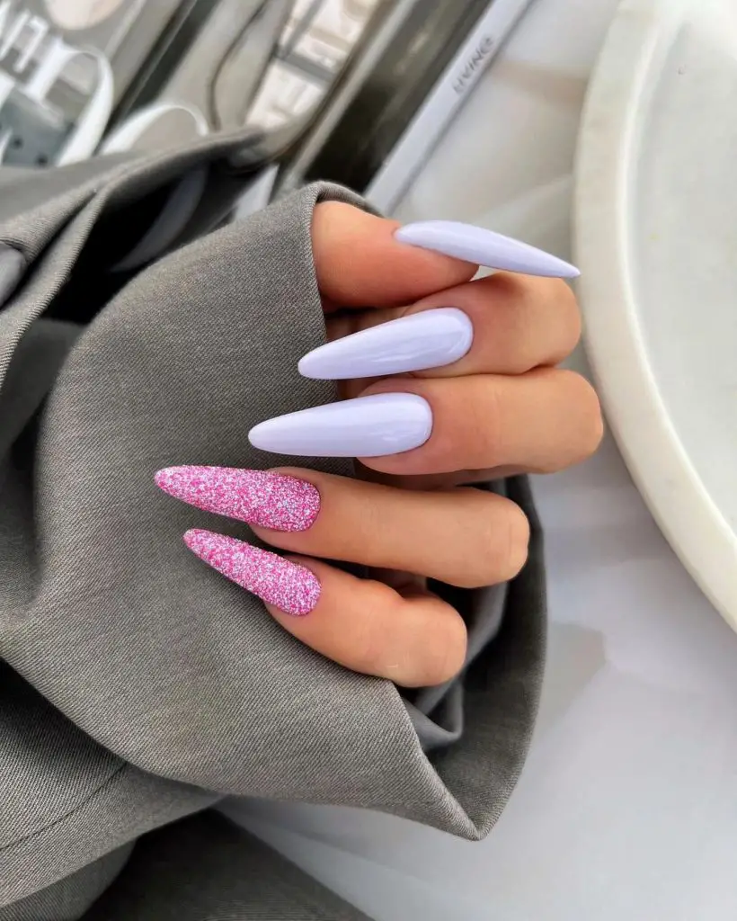 Long almond nails with pink and white glimmery shades