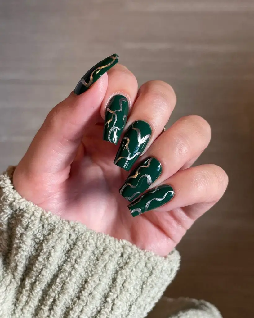 Olive green and silver vein nails 
