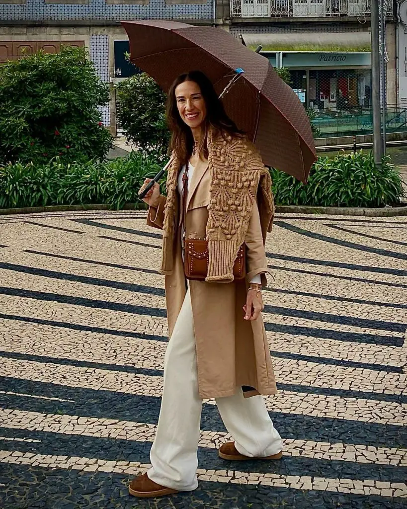 Neutral outfit and umbrella for rainy day outfit