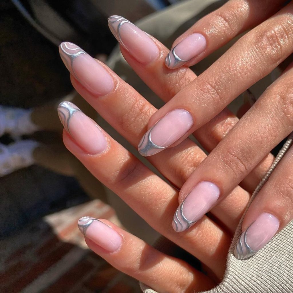 Silver drip french nails