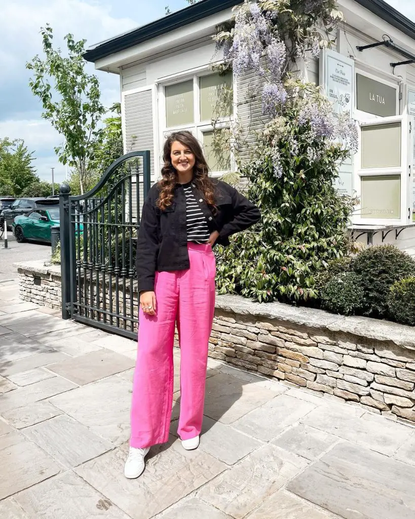wide-leg pink linen trouser with black denim jacket 