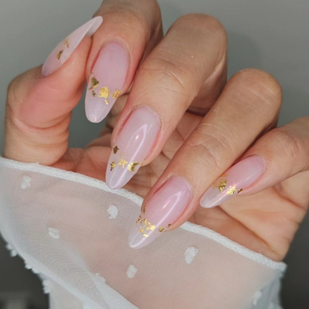 Gold foil nails, simple almond shaped nail ideas