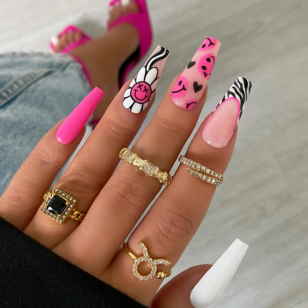 Pink smiley nail designs