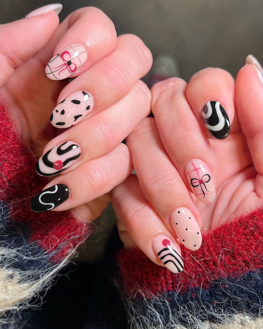 black white ribbon nails