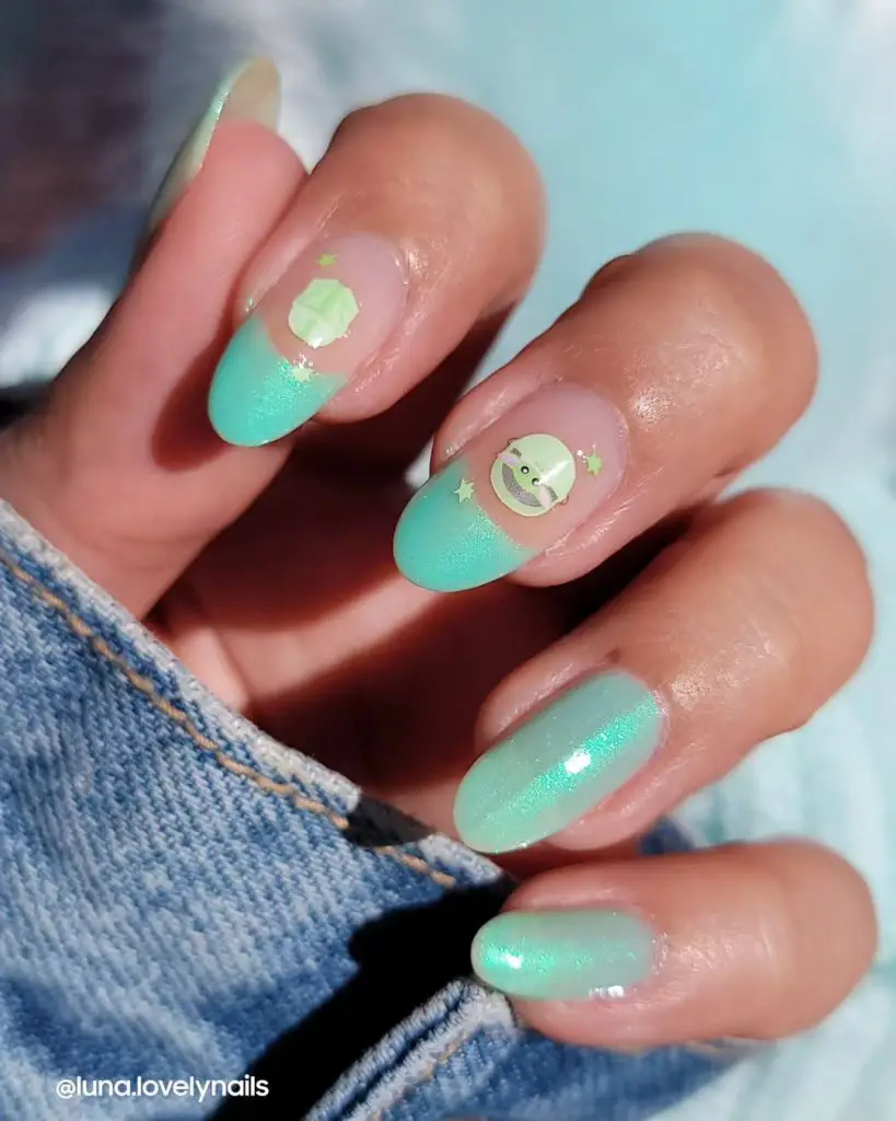 fench emojis nail designs in mint polish