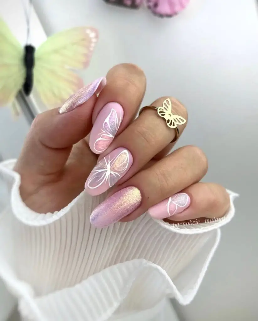 shimmer pink butterfly nails