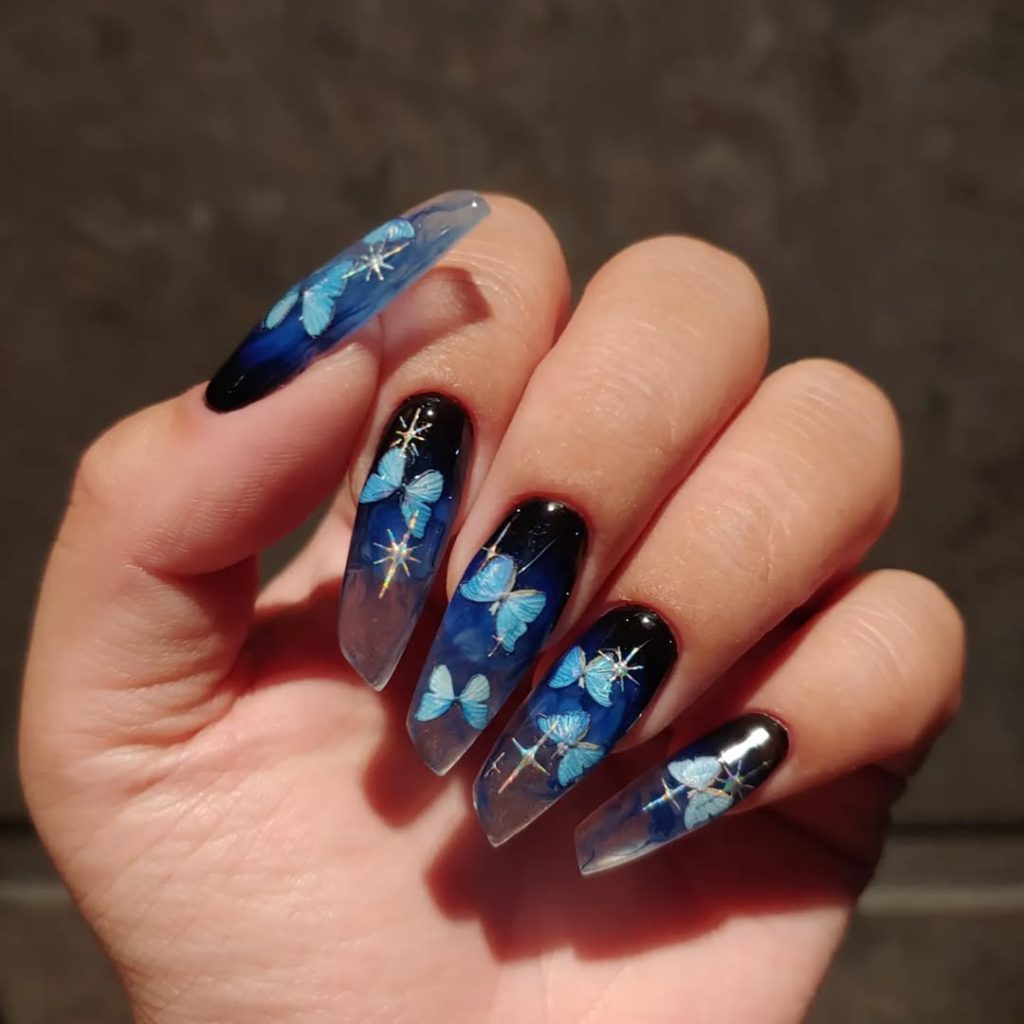 blue and black butterflies nail ideas