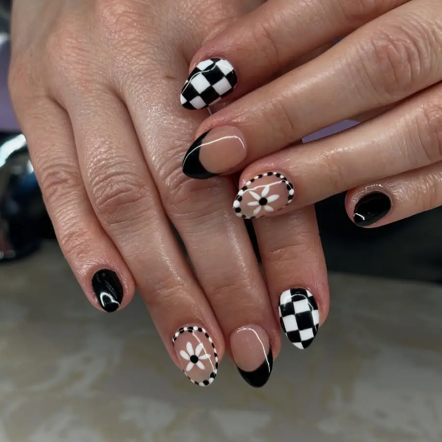 checkered black and white nails