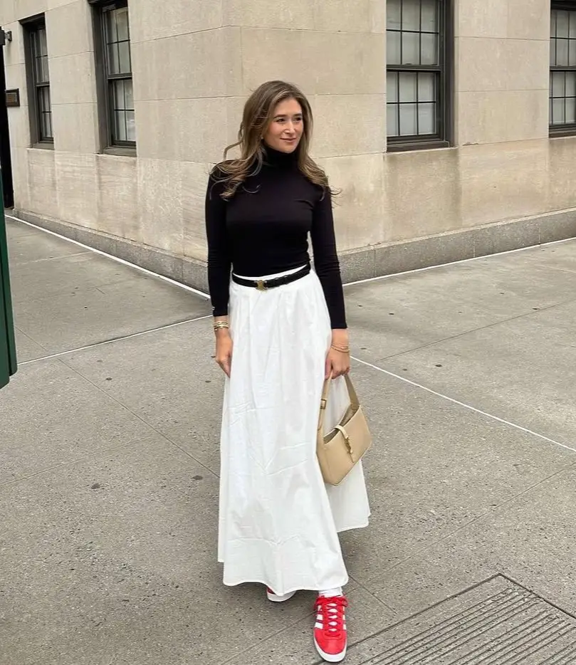 fall fashion inspo with this ribbed knit turtleneck and white maxi skirt