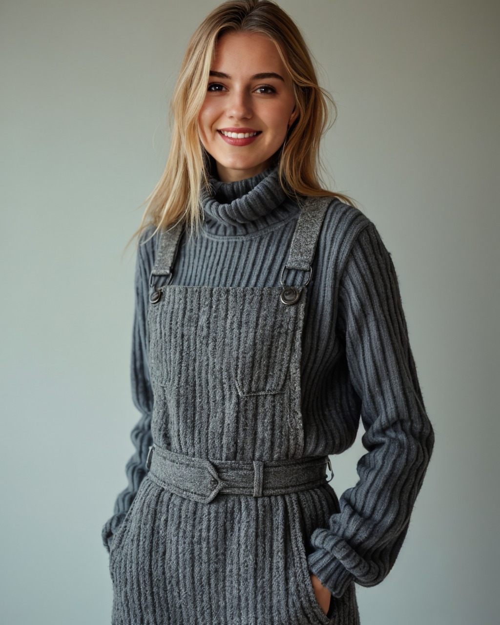 This ribbed turtleneck + knit overall combo is giving coz
